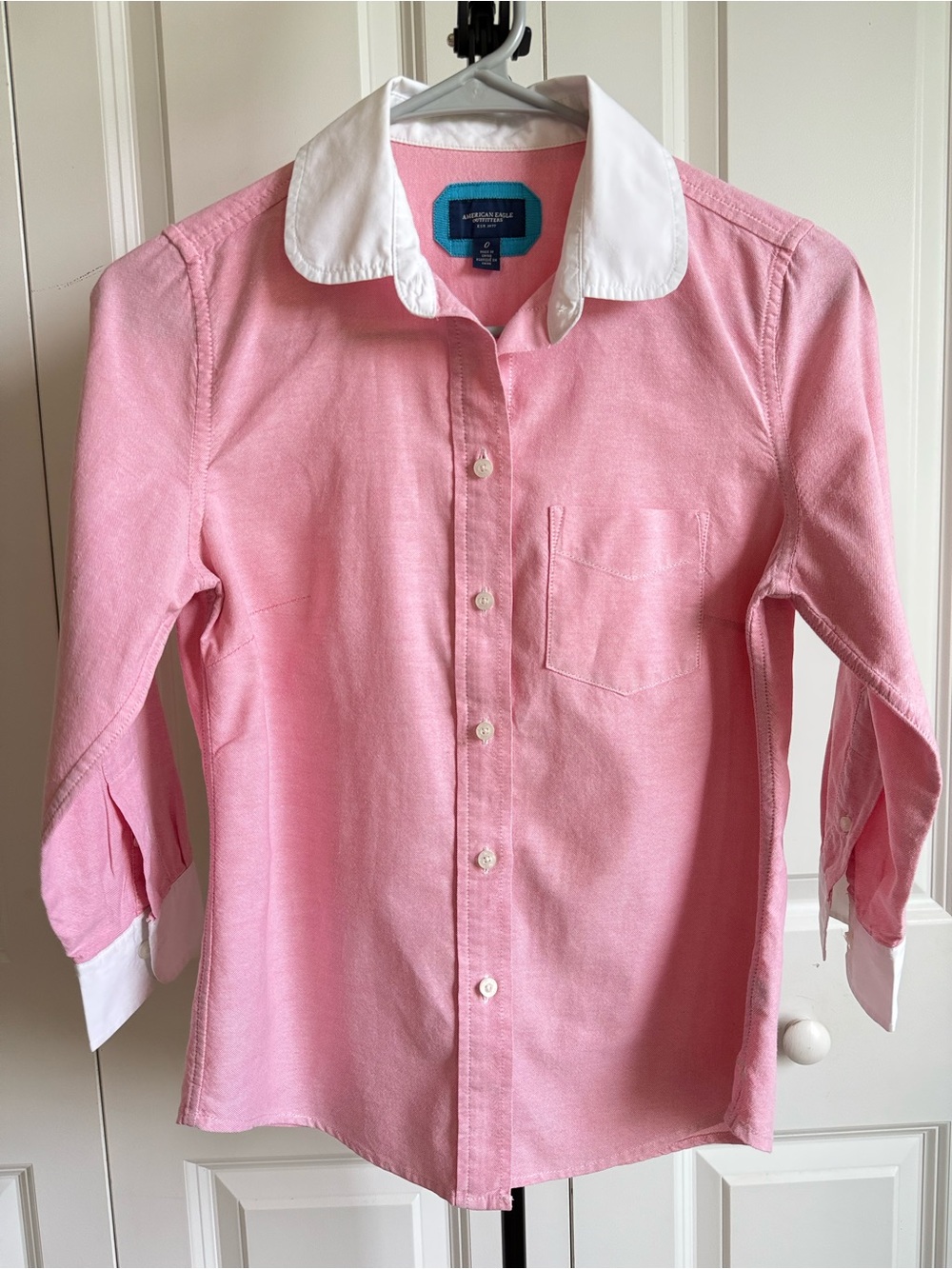 American Eagle Vintage Pink Oxford Button Down Shirt Peter Pan Collar 0